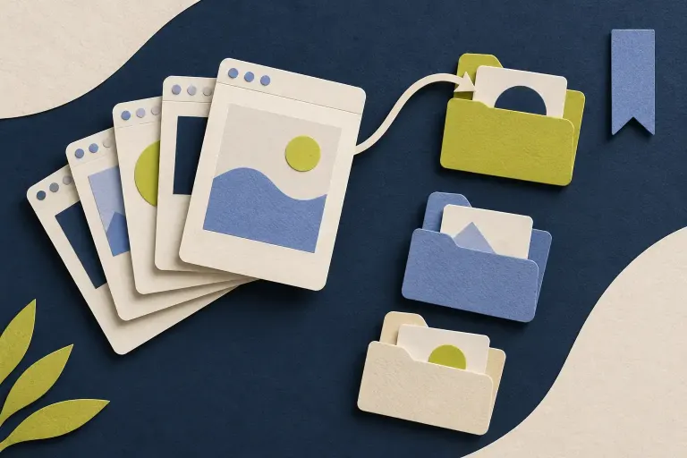 Paper browser cards arranged beside three tabbed folders in a conceptual bookmark illustration.