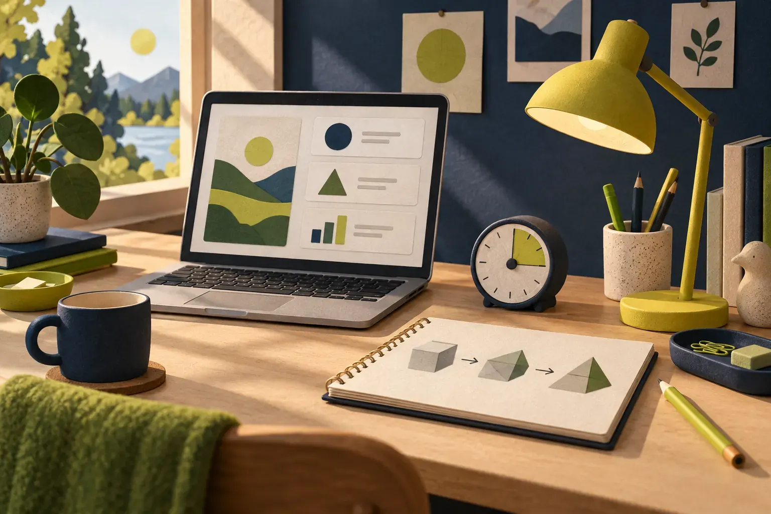 Conceptual illustration of a laptop lesson, notebook and small timer on a study desk.