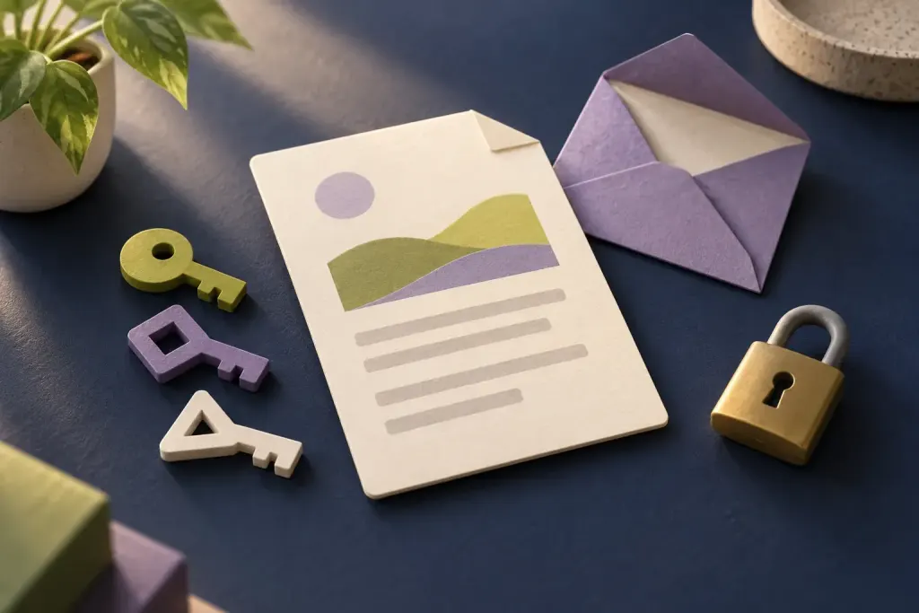 Conceptual document card beside an envelope, geometric keys and a small padlock.