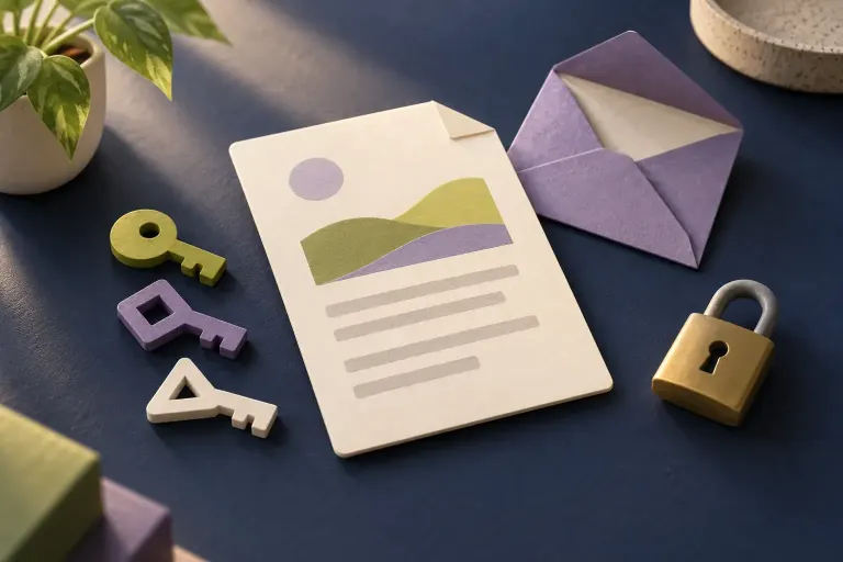 Conceptual document card beside an envelope, geometric keys and a small padlock.