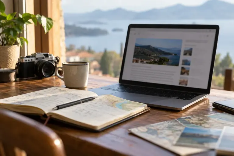 A laptop with a saved document beside a travel notebook.