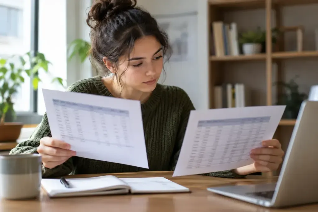 A learner comparing two small spreadsheet printouts at a desk.