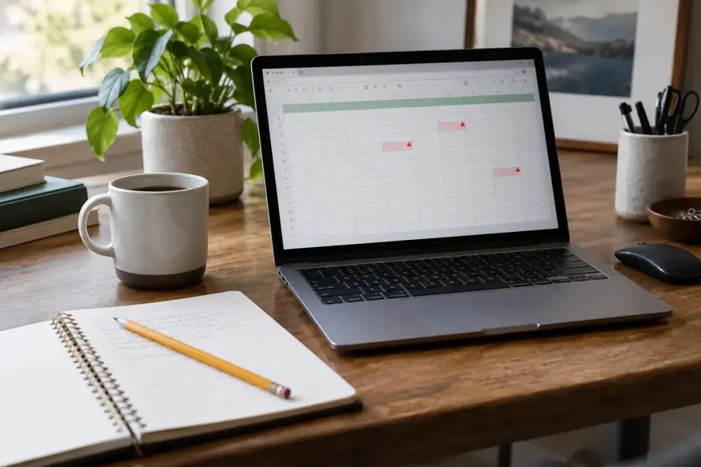 A laptop showing an illustrative spreadsheet beside a notebook and pencil.