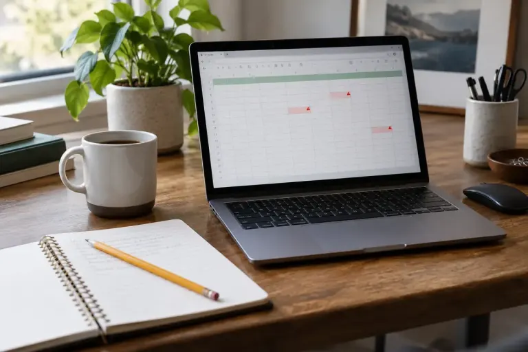 A laptop showing an illustrative spreadsheet beside a notebook and pencil.